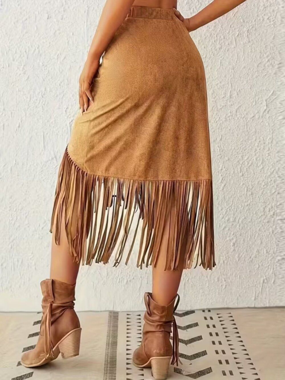 NWT Boho Western Light Brown Faux Suede Fringed Hem Midi Skirt - Picture 3 of 4